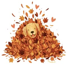 a drawing of a dog laying on top of leaves with his head in the air