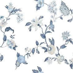 a white and blue floral wallpaper with many different flowers on the side of it