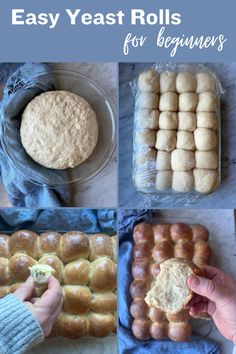 the steps to make easy yeast rolls for beginners are shown in this collage