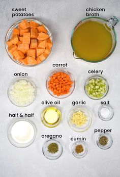 the ingredients for carrot soup are shown in bowls