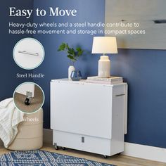 an easy to move storage cabinet with wheels and handles in various stages of installation, shown here is the instructions for how to use it