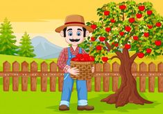 a man holding a basket full of apples in front of an apple tree