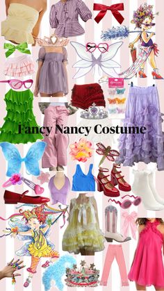 many different types of clothes and accessories are shown in this collage with the words fancy fancy costume