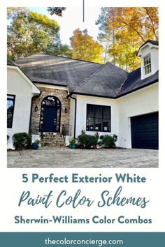 a white house with black shutters and the words 5 perfect exterior white paint color schemes she