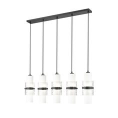 five lights hanging from a long black and white chandelier with clear glass shades