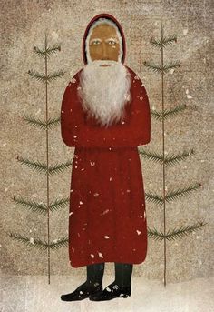 a painting of santa claus standing in front of a christmas tree with snow on it