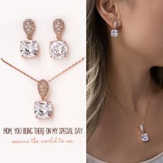 Mother of the Groom Gift, Mother of the Bride Jewelry, Rose Gold Earrings and Necklace Set ► SHOP ALL MOTHER OF THE BRIDE/GROOM GIFT: https://etsy.me/3O0wqGv Perfect gift to the Mother of the Bride or Groom! Wedding set gift includes a beautiful crystal pendant necklace and earring set. Each pair comes with gift box, ribbon and message card. Ready for gifting!  ► Please note in your order when your wedding date is PRODUCT DETAILS - 18K White Gold, Gold, Rose Gold over brass - Cubic Zirconia Pave Gold Earrings And Necklace, Mother Of The Groom Jewelry, Mother Of The Bride Earrings, Mother Of The Bride Jewelry, Rose Gold Jewelry Set, Gift Mother In Law, Mother Of The Groom Gift, Gold Jewelry Set, Mother Of The Groom Gifts