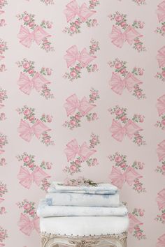 This vintage-inspired design offers both soft femininity and southern charm. Loopy pink bows loosely tie together clusters of pink cabbage roses. Each roll measures 20.5” x 33'. Unpasted, non-woven wallpaper *Wallpaper may only be returned in original plastic packaging. Loveshackfancy Bedroom, Loveshackfancy Aesthetic, Rose Quilt, Nursery Room Inspiration, Quilted Duvet Cover, Standard Wallpaper, Pink Bows, Quilted Duvet, Quilted Sham