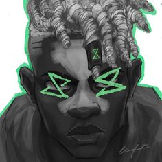 a drawing of a man with dreadlocks on his head and green neon eyes