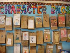 there are many bags on the wall with pictures attached to them, and one is labeled character bags