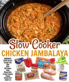 slow cooker chicken jambalya recipe with ingredients in the background and text overlay