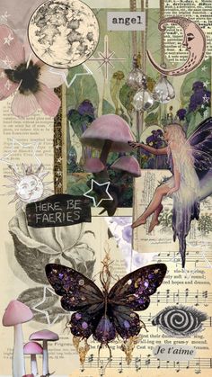 an altered collage with butterflies, mushrooms and other things on it's surface