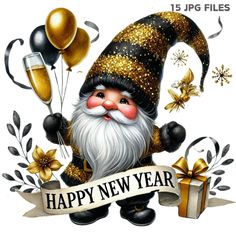 New Year Gnome, Fireworks Clipart, New Years Ball, New Year Clipart, Gold Confetti Balloons, New Years Background, Happy New Year Wishes, Party Bundles, New Year Wishes