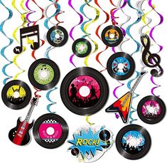 an assortment of musical instruments and confetti streamers