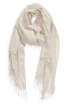 Long fringe tips a tissue-weight scarf woven in a soft blend of wool and cashmere. 29" x 76"; 3" fringe. 70% wool, 30% cashmere. Dry clean. By Nordstrom; imported. Classic Beige Shawl For Fall, Classic Fall Pashmina Shawl, Scarves Aesthetic, Cream Hijab, Dc Fits, Scarf Aesthetic, Cream Scarf, Beige Scarf, Cashmere Pashmina