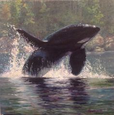 an oil painting of a whale jumping out of the water with trees in the background