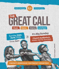 a poster for the great call with three people pointing at each other and an orange ribbon