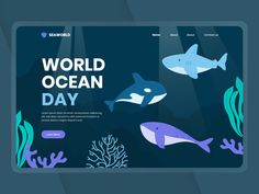 the world ocean day banner is displayed on a blue background with an image of sharks and other marine life