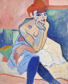 a painting of a man sitting on a couch talking on a cell phone with his hand to his face