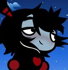 a cartoon character with black hair and red eyes