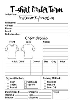 the order form for t - shirt order form