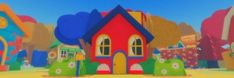 an animated image of a colorful house in the middle of a park with trees and bushes