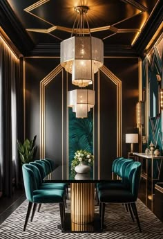 a dining room with black walls and gold trimmings, blue chairs and a chandelier