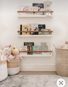 two shelves with books and stuffed animals on them