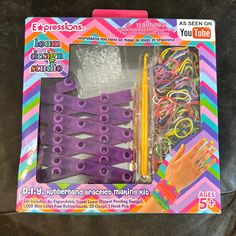 a package of assorted colored rubber bands and pencils for kids to play with