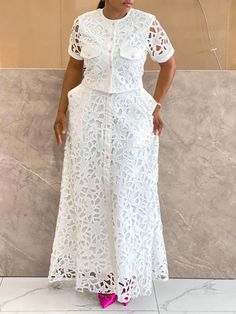 Olivia Mark - Minimalist City Chic Skirt White Dress African Style, White Lace Skirt And Blouse Styles, Lace Sleeve Styles, Senegalese Clothing Styles 2024, Ankara Lace Styles For Women, White Lace Styles, Dentelle Dress, White Lace Dress Outfit, Trendy Lace Dresses