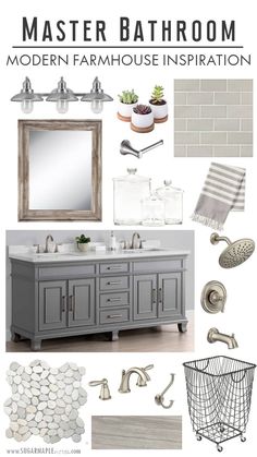 a bathroom with gray cabinets and white tile on the walls, along with other accessories