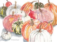 watercolor painting of pumpkins and gourds