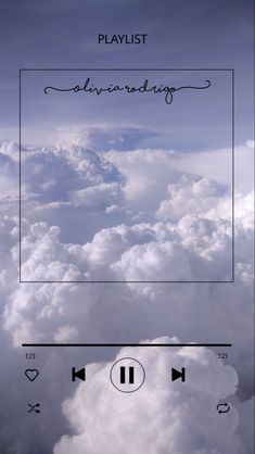 an airplane is flying through the sky with clouds in the foreground and words below it