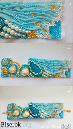 three different pictures of beaded bracelets with pearls and beads on them, one is blue