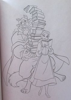 the book is opened to show an image of beauty and the beast with books stacked on top