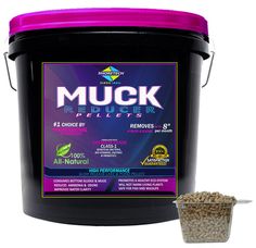 a bucket of muck pellets next to a container of granola on a white background