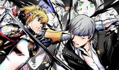 two anime characters holding swords in front of an image of the same character and their faces