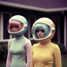 two women wearing space suits and helmets standing in front of a house with their heads turned to the side