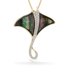 14K Yellow Gold Kabana Manta Ray Pendant with Tahitian Mother of Pearl Inlay and 0.55 Carats (total weight) of Diamonds. 18" 14K Yellow Gold Chain included. The pendant measures approximately 1 5/8" in length and 1 3/8" in wingspan. Palm Tree Jewelry, Hawaiian Heirloom Jewelry, Sea Turtle Jewelry, Pineapple Jewelry, Sea Life Jewelry, Inlay Jewelry, Turtle Jewelry, Mother Of Pearl Inlay, Modern Deco