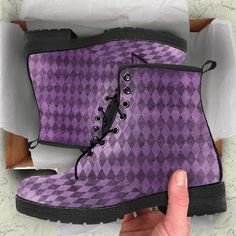 Purple Distressed Harlequin Colored Leather Boots, Birthday Gifts for Her Vegan Leather Combat Shoes Girl Boots     Need an appreciation gift for your Mama?   All of our Men's and Women's Faux Leather Boots are custom-made-to-order and handcrafted to the highest quality standards. Our unique designs are second to none. When is the last time you walked into a shoe store and found affordable boots in so many different, phenomenal designs. When you're wearing these boots the complements won't stop. Combat Shoes, Shoes Girl, Girl Boots, Custom Boots, Faux Leather Boots, Soft Textiles, Colored Leather, Girls Boots, Shoe Store