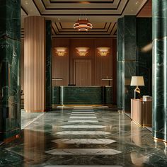 an elegant hotel lobby with marble floors and walls