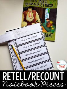 two book covers with the words, retell / recout notebook pieces