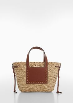 Basket bag with studs detail - Women | MANGO USA Small Woven Basket, Fibre And Fabric, Mango Outlet, Inside Bag, Natural Cream, Woven Basket, Basket Bag, Natural Tan, Beach Accessories