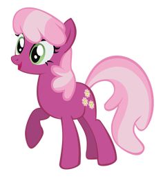 a pink pony with flowers on it's tail and big eyes, standing in front of a white background