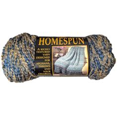 a ball of yarn with the words homespun written in blue and yellow on it