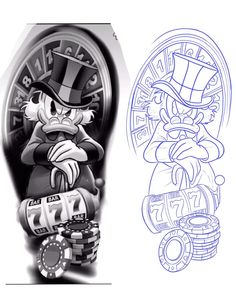 an image of a cartoon character with casino chips in his hand and the other drawing