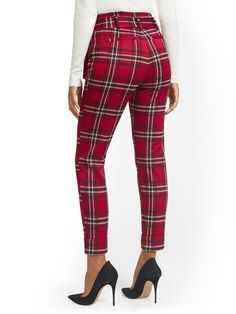 Red Plaid Pants, Plaid Jeans, Christmas Outfits, Slim Leg Pants, Plaid Pants, Knit Pants, Slim Leg, Petite Fashion, Wrinkle Free