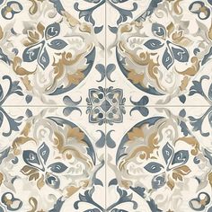 an artistic tile design in blue, gold and white