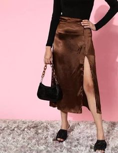 Retro Style High Slit Brown Pure Silk Skirt Open Front Midi Classic Women Skirt Office Skirts, Ladies Office, Chic Skirt, Midi Skirt Outfit, Office Skirt, Neck Pillow Travel, Chic Skirts, Elegant Ladies, Neck Pillow