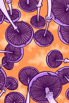 an orange background with purple mushrooms and people on the bottom one is holding umbrellas